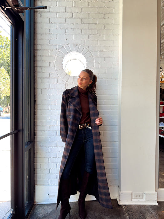 PLAID DOUBLE BREASTED MAXI COAT