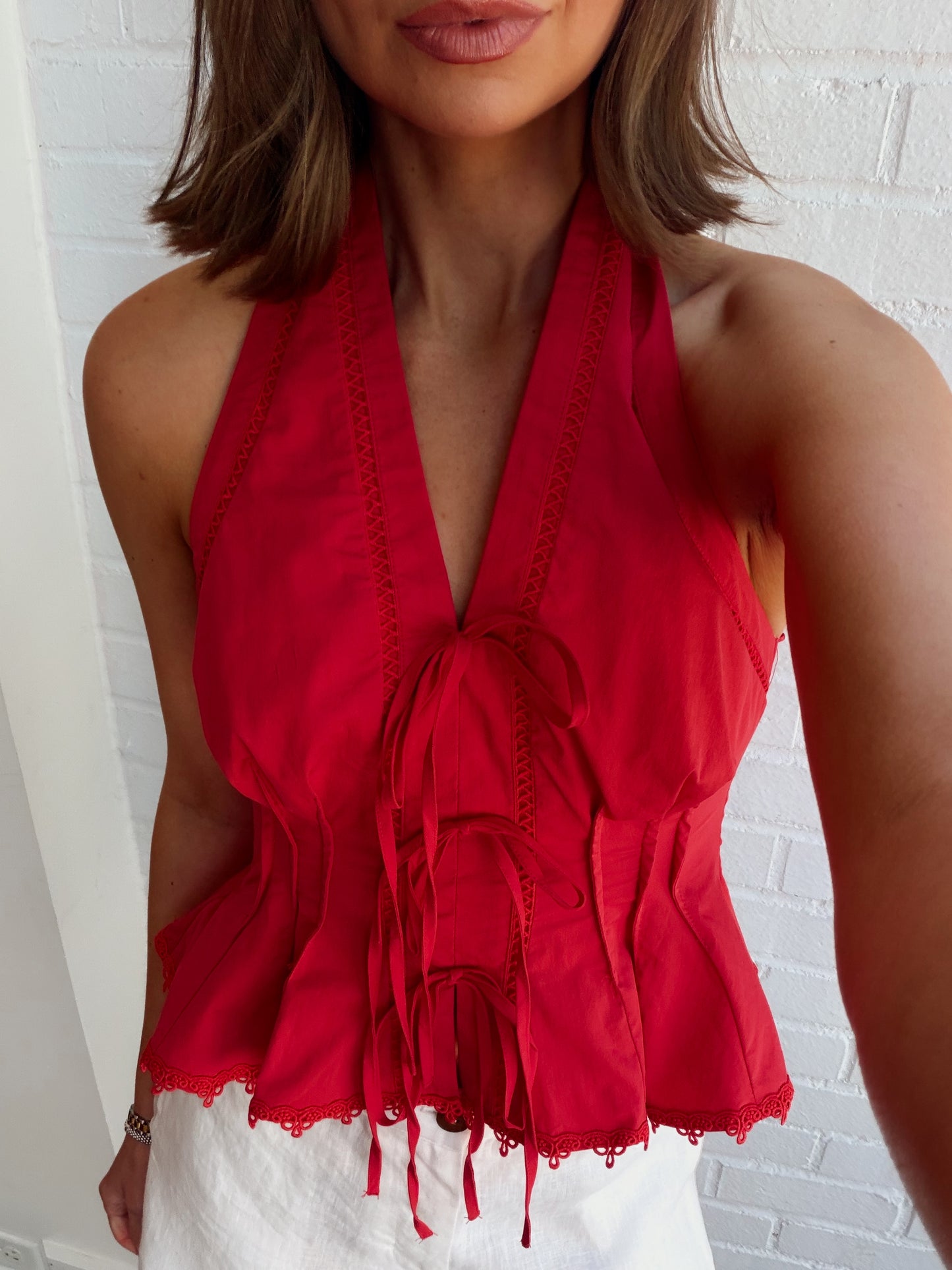 POPLIN HALTER NECK PEPLUM TOP