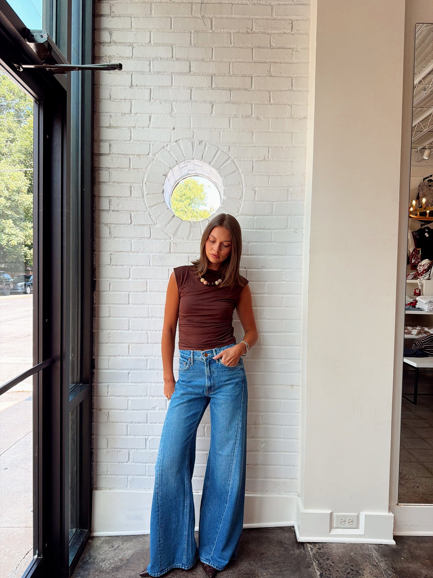 MOCK NECK JERSEY TOP W/ RUCHING