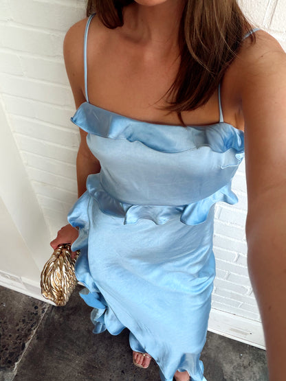 SATIN RUFFLE TRIM MAXI DRESS