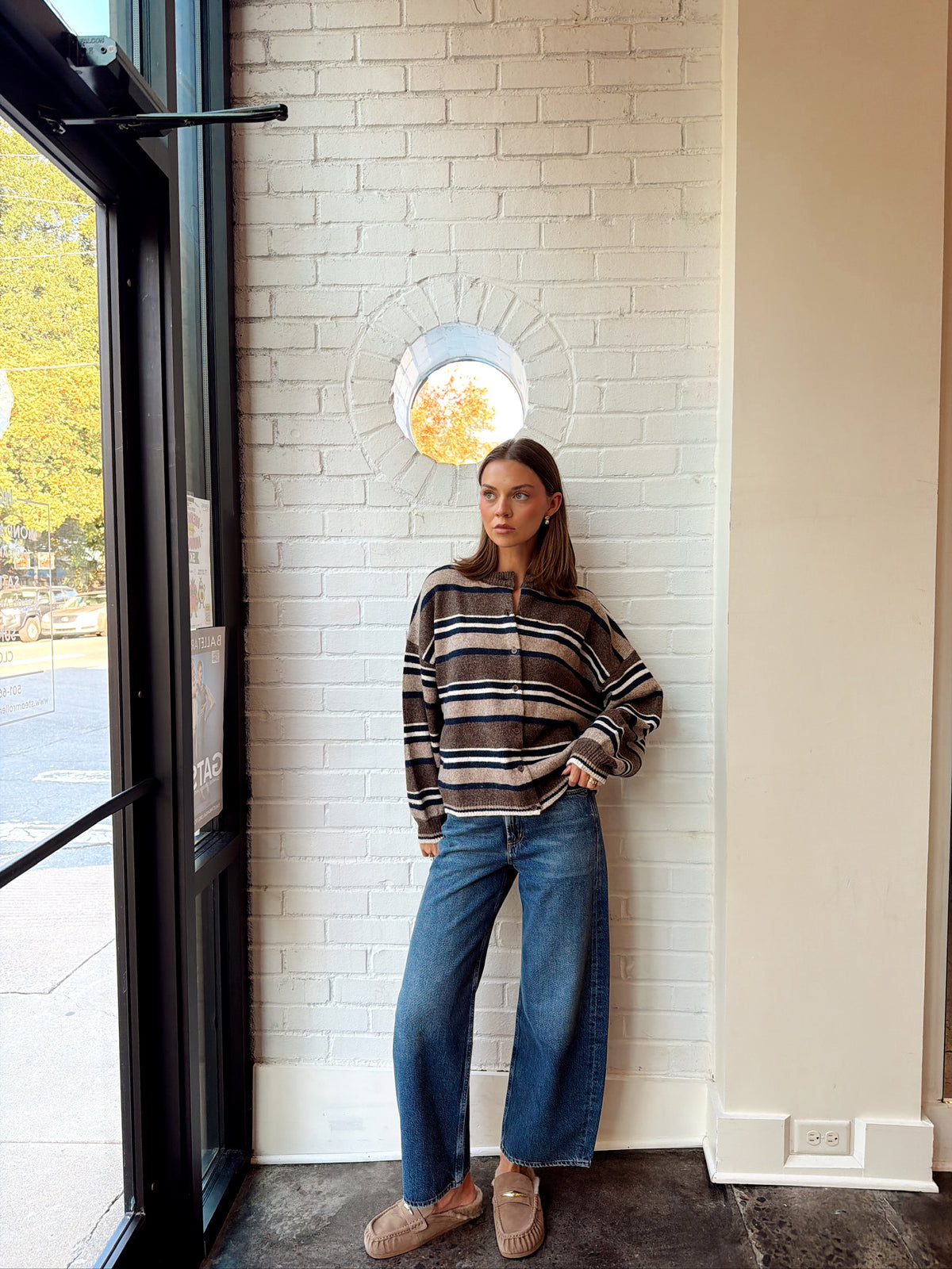 STRIPED CREW NECK BUTTON FRONT CARDIGAN