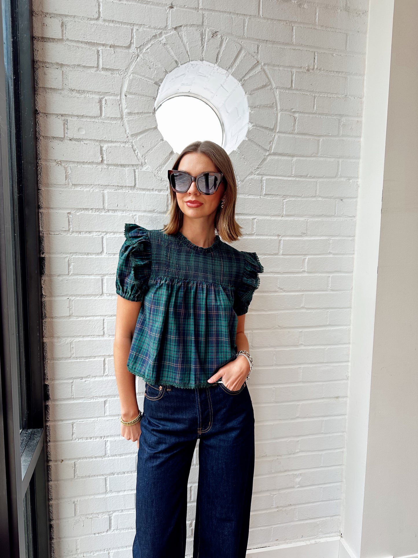 PLAID PUFF SHORT SLEEVE TOP