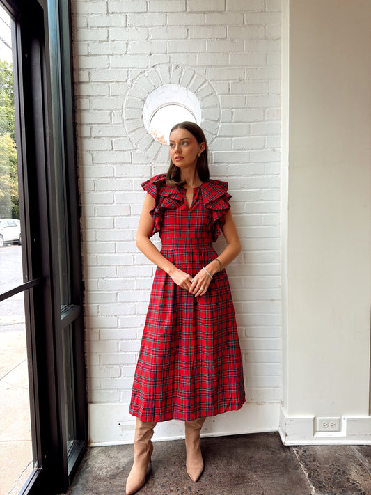 ARVADA PLAID TIE BACK MIDI DRESS