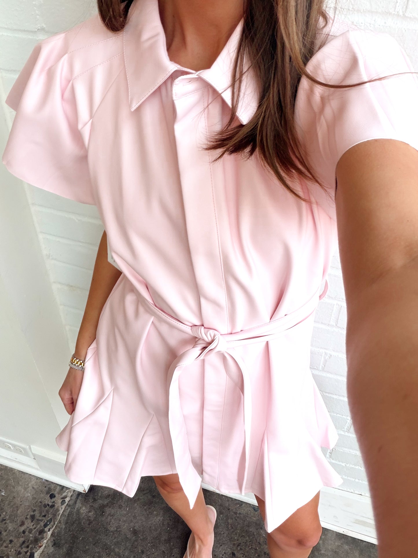 VEGAN LEATHER PLEATED SLEEVE BELTED DRESS