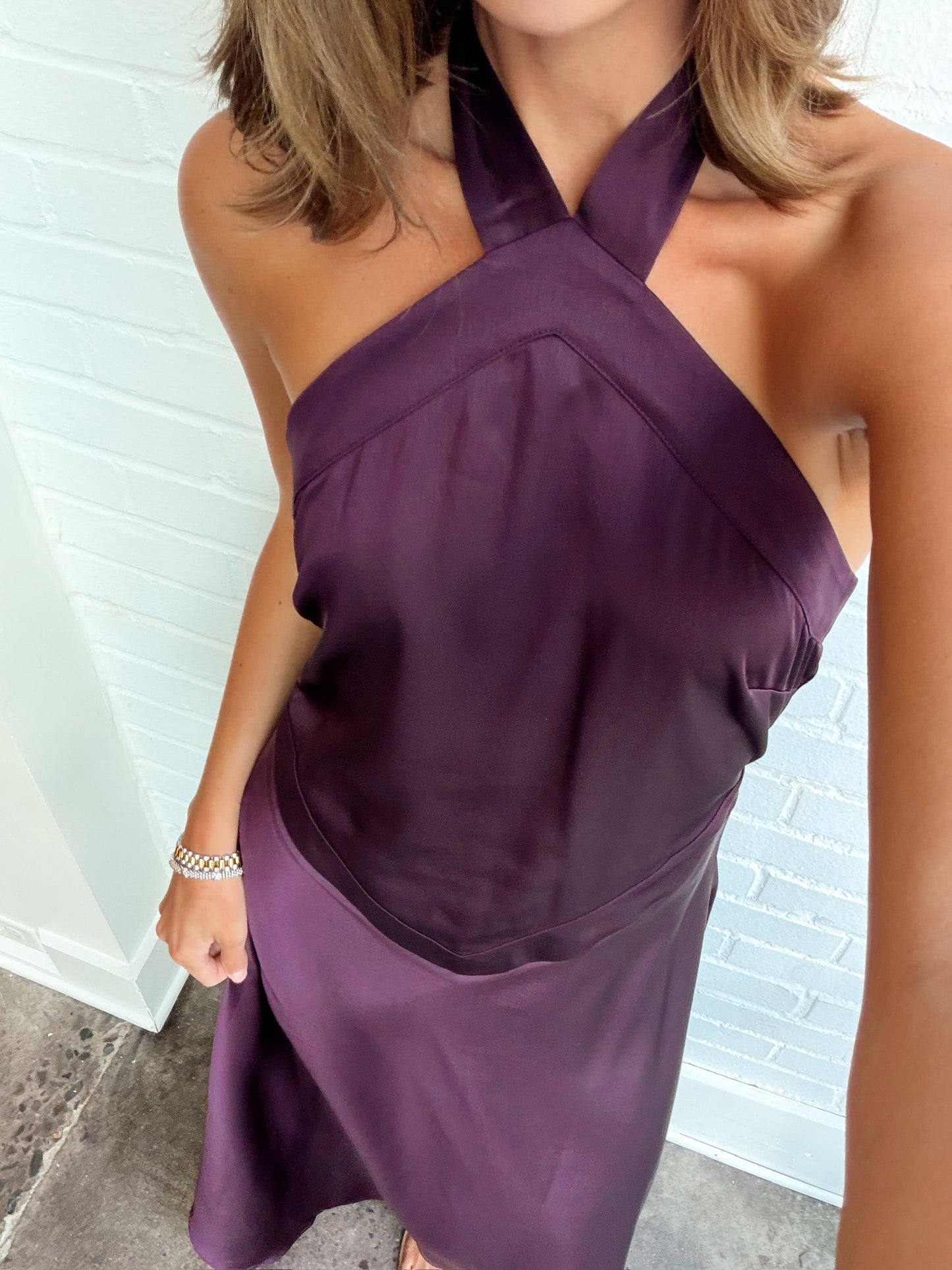 SATIN X FRONT TIE HALTER DRESS