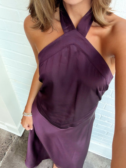 SATIN X FRONT TIE HALTER DRESS