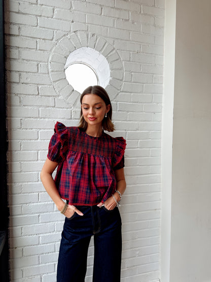 PLAID PUFF SHORT SLEEVE TOP