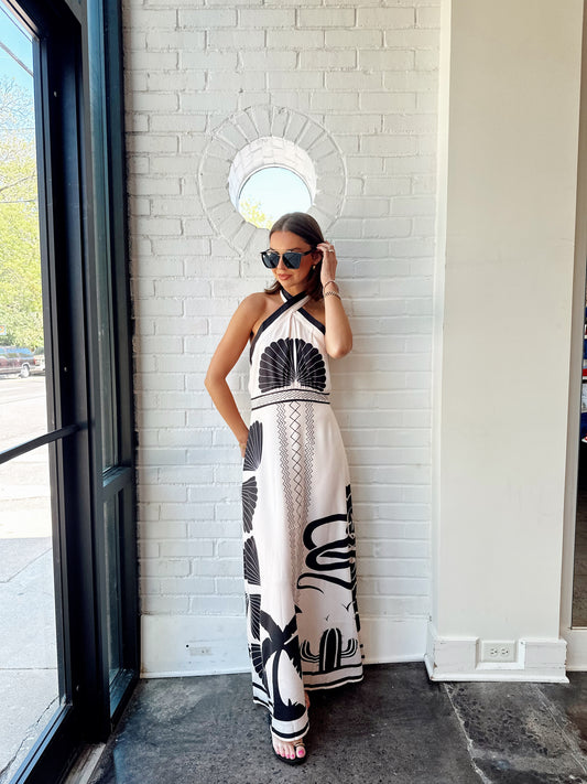 PRINTED SLEEVELESS HALTER NECK DRESS