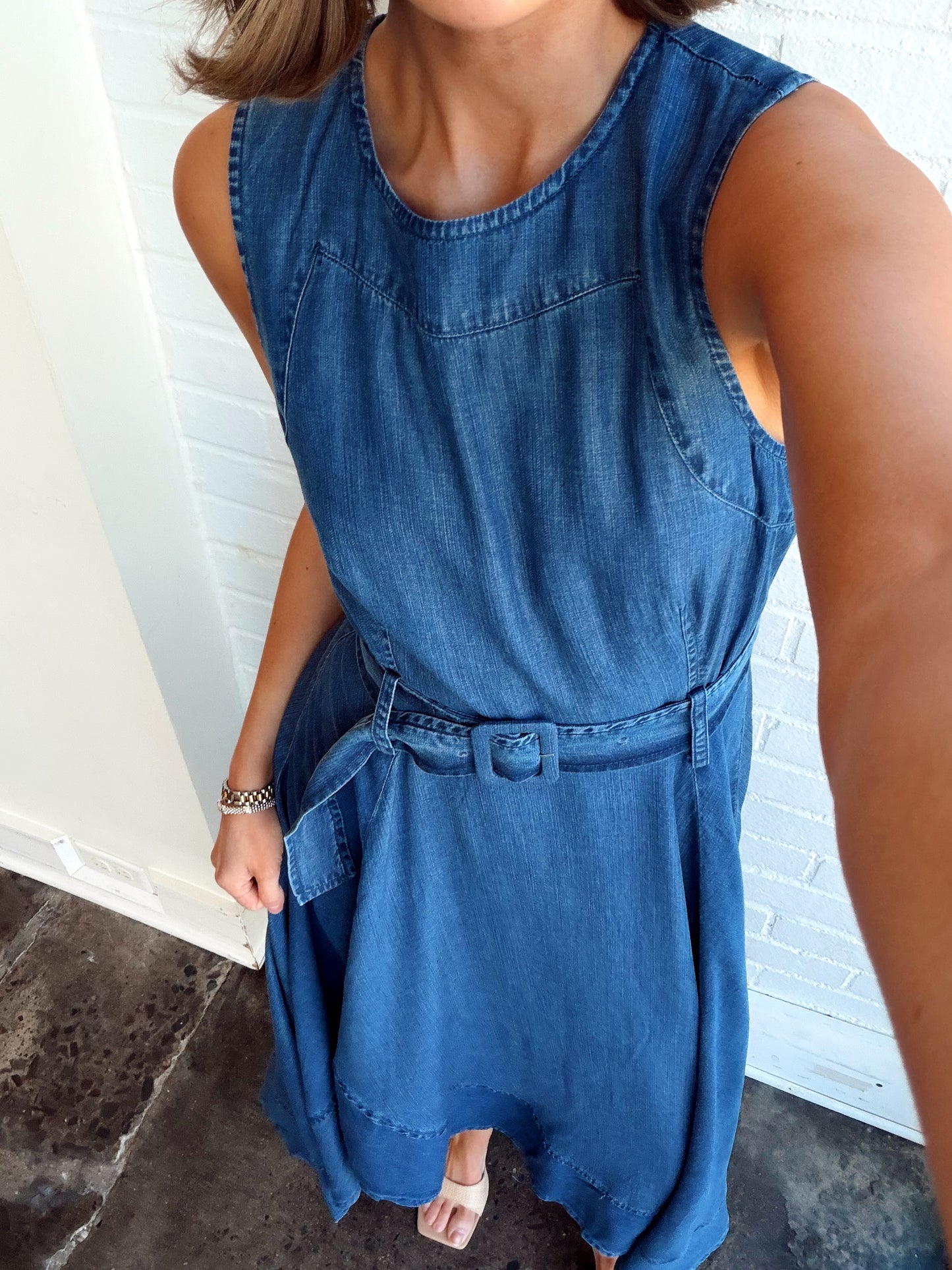 DENIM SLEEVELESS BELTED LONG DRESS