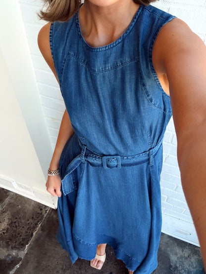 DENIM SLEEVELESS BELTED LONG DRESS