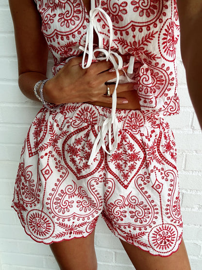 EMBROIDERED SMOCKED WAIST SHORTS