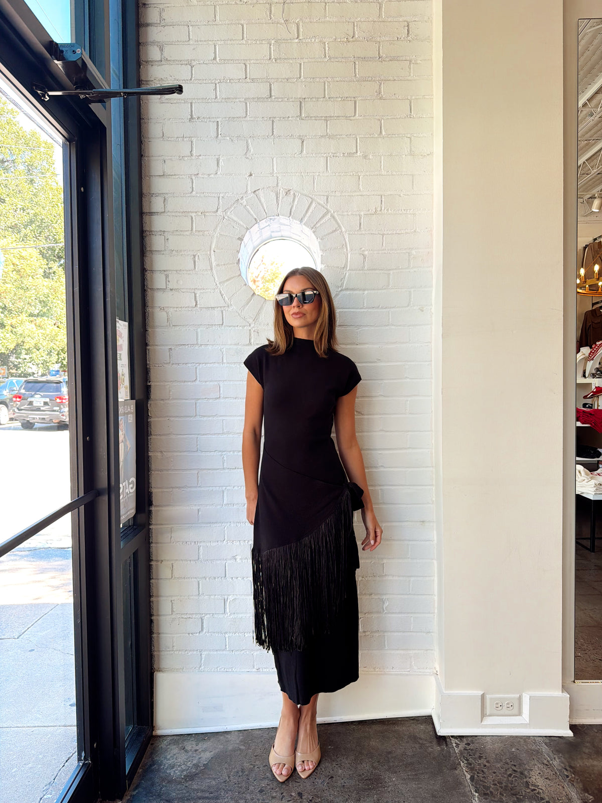 FRINGE FAUX WRAP DRESS