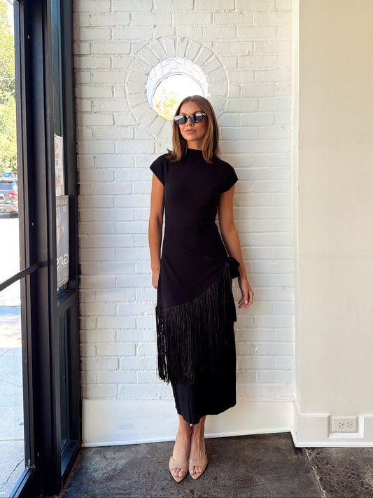 FRINGE FAUX WRAP DRESS