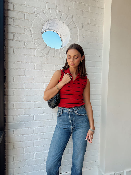 STRIPED SLEEVELESS ZIP MOCK