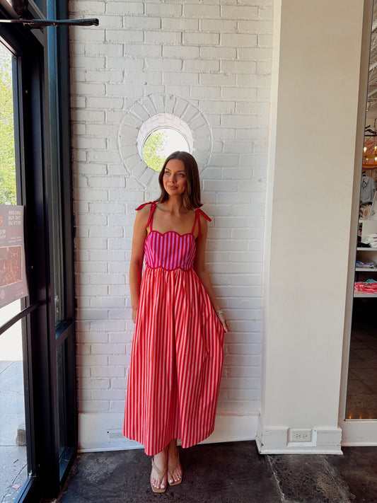 SABRINA SCALLOPED STRIPED MAXI DRESS