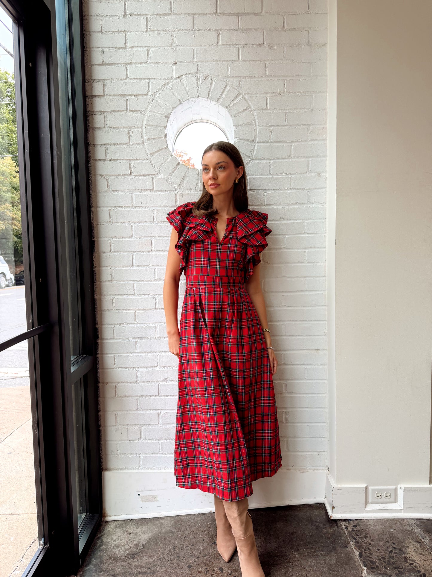 ARVADA PLAID TIE BACK MIDI DRESS