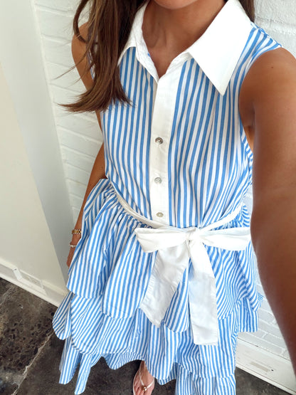 TIERED STRIPE BOW DRESS W/ BORDER