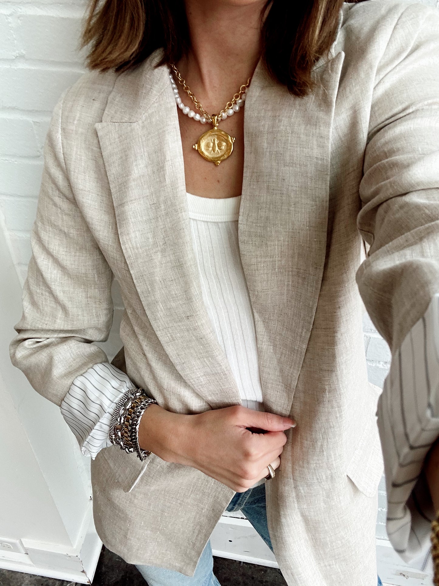 PIN STRIPE CUFF LINEN BLAZER