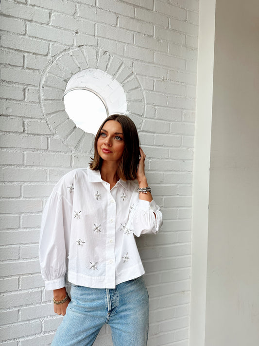 EMBELLISHED 3/4 SLV BUTTON DOWN SHIRT