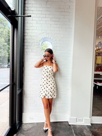 POLKA DOT LINEN STRAPLESS DRESS