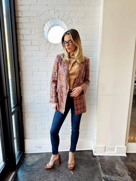 PLAID SEQUIN DOUBLE BREASTED BLAZER