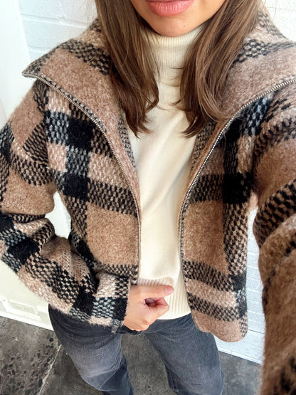 PLAID ZIP FRONT CARDIGAN