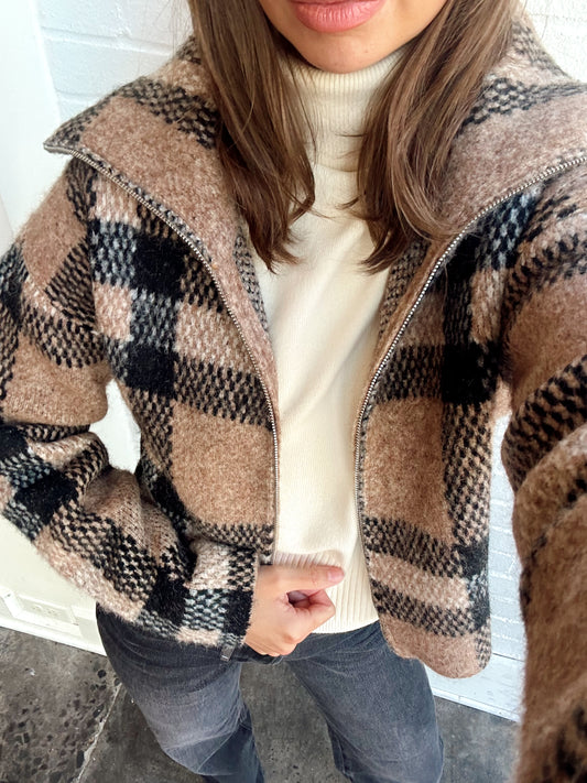 PLAID ZIP FRONT CARDIGAN