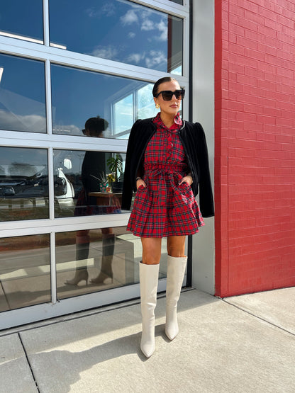 PLAID RUFFLE BUTTON MINI DRESS