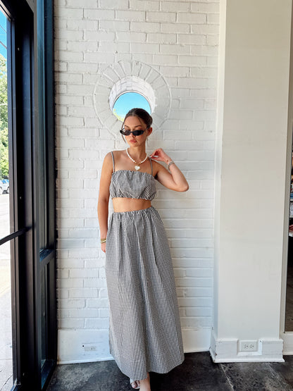 GINGHAM RUCHED WAIST MIDI SKIRT