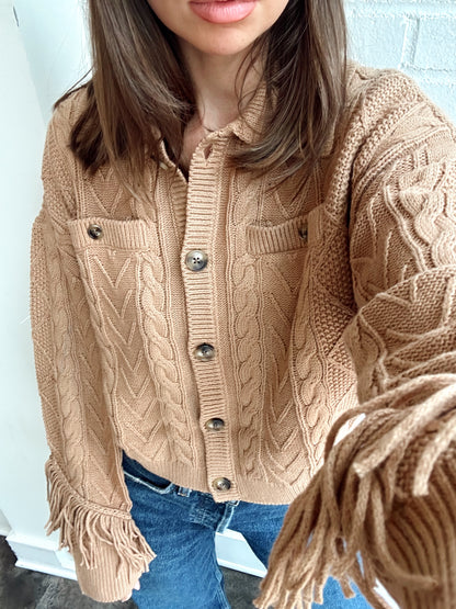 ELYSE CABLED FRINGE SWEATER CARDIGAN