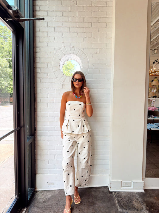 POLKADOT PLEATED STRAPLESS TOP & BARREL PANTS
