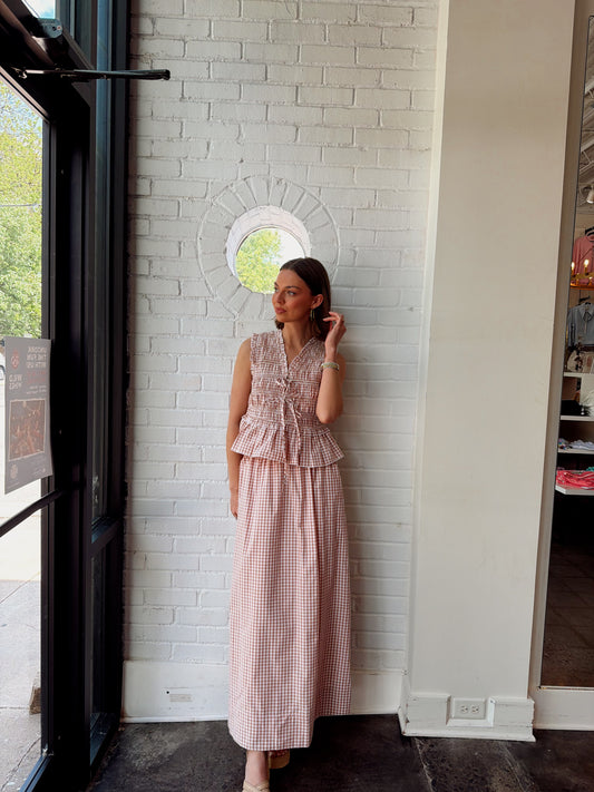 RHODES POPLIN GINGHAM FLUTTER SLEEVE TOP