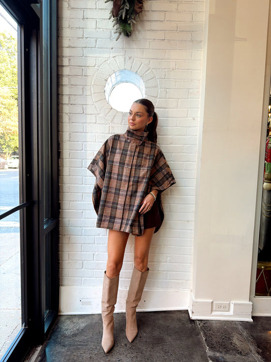 HIGH NECK PLAID PONCHO