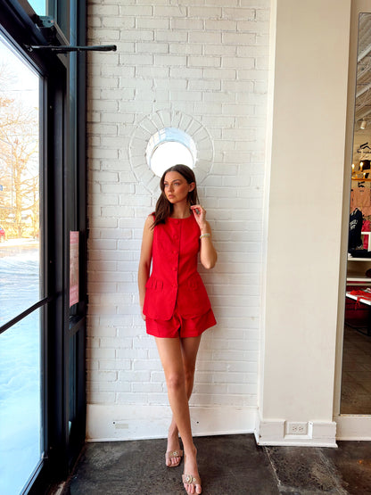 LINEN BUTTON DOWN VEST & SHORTS SET