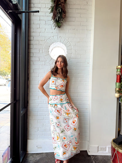 TASHI STAMP PRINT LINEN MIDI SKIRT SET