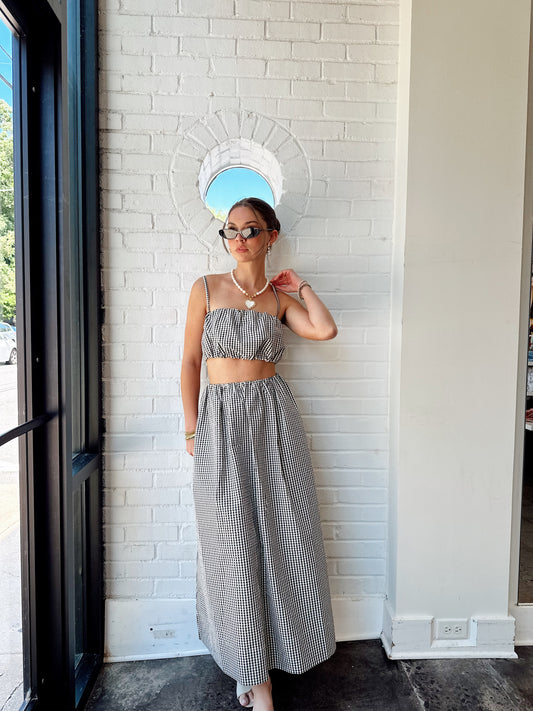 GINGHAM RUCHED WAIST MIDI SKIRT