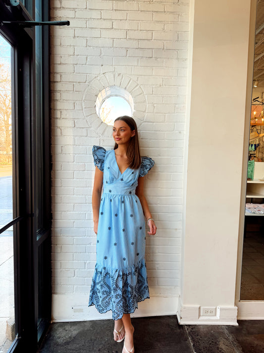 JOLIET STRIPED EYELET ZAYLA MIDI DRESS