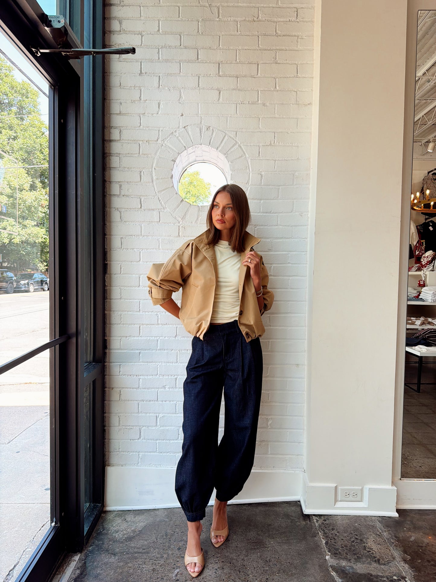 MOCK NECK JERSEY TOP W/ RUCHING