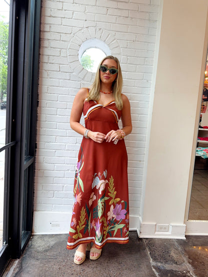 FLORAL PRINT TWIST FRONT LINEN DRESS