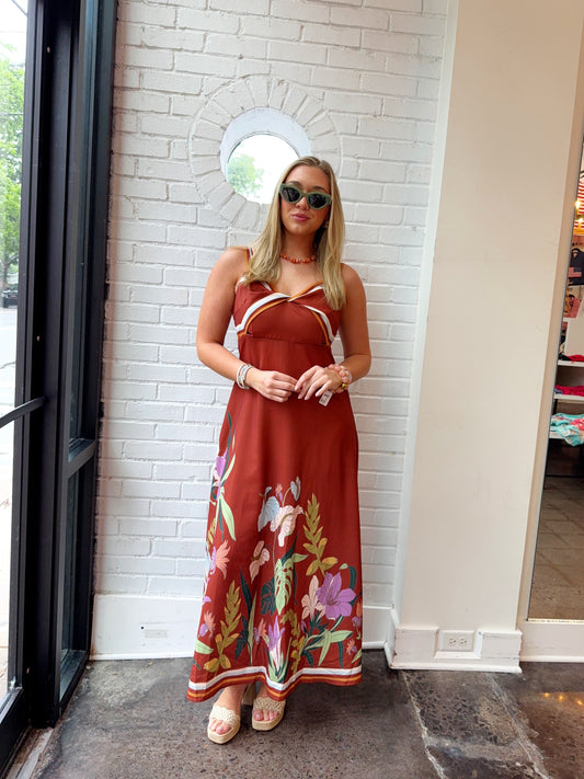 FLORAL PRINT TWIST FRONT LINEN DRESS