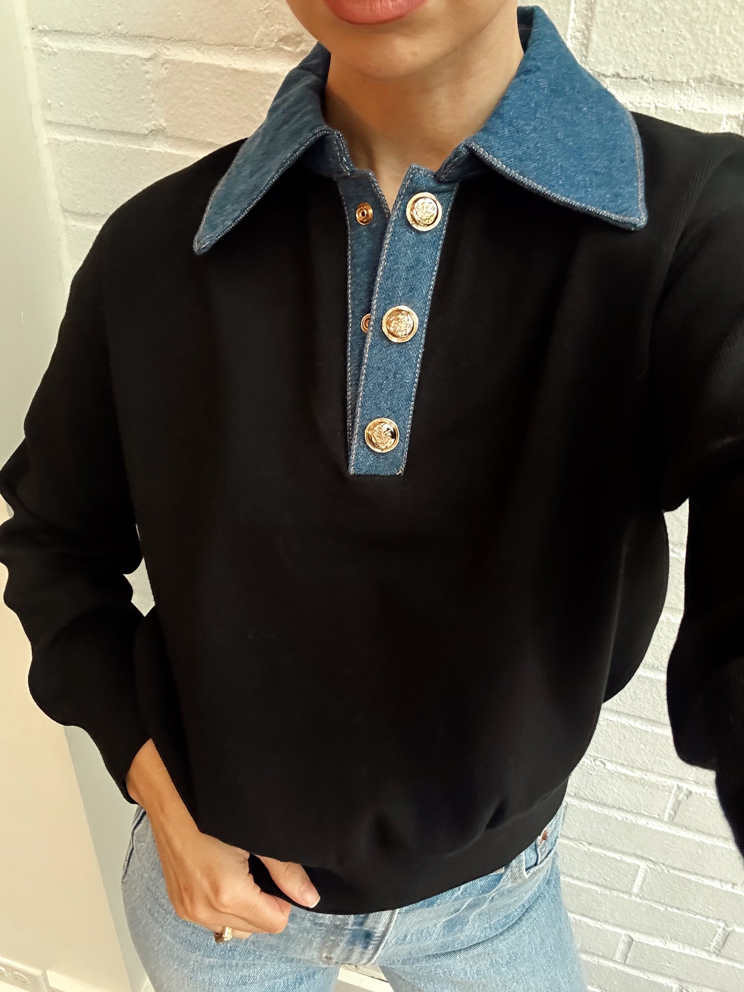 DENIM/KNIT COLLARED SWEATER