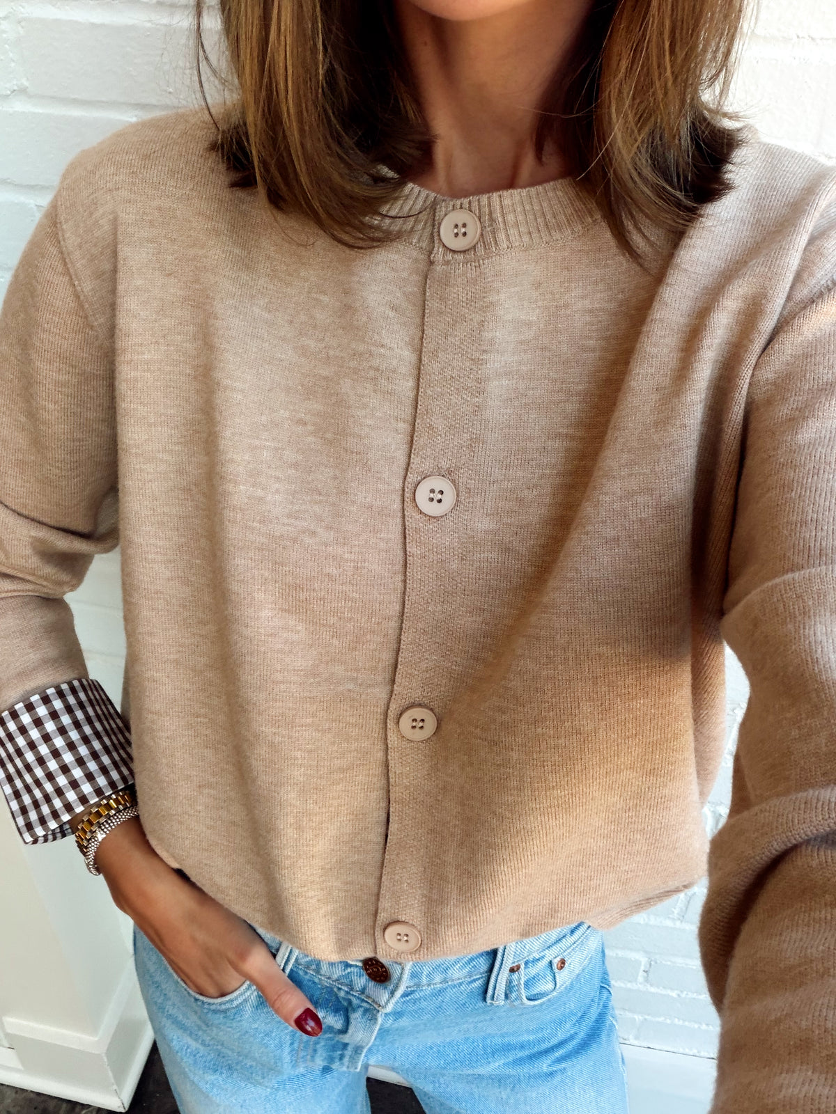 GINGHAM DETAIL KNIT SWEATER CARDIGAN