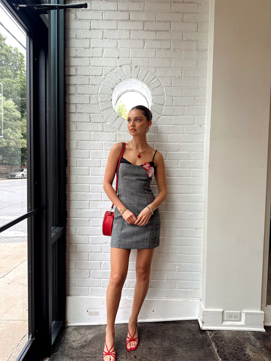 OWEN PLAID SATIN PEEKABOO DRESS