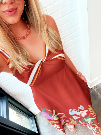 FLORAL PRINT TWIST FRONT LINEN DRESS