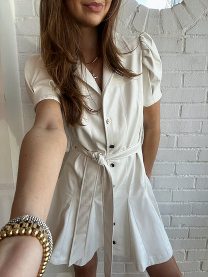 FAUX LEATHER PUFF SLEEVE SHIRT DRESS