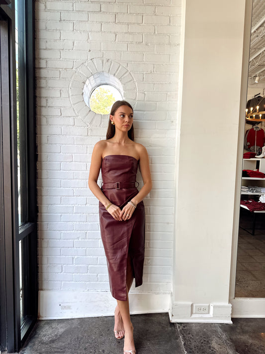 SAMANTHA STRAPLESS VEGAN LEATHER MIDI