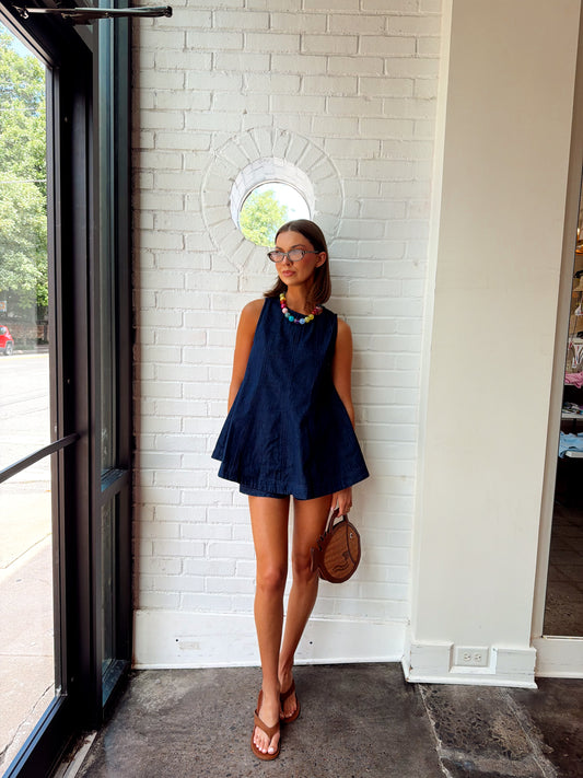 DENIM TRAPEZ SLEEVELESS TOP & SHORTS SET