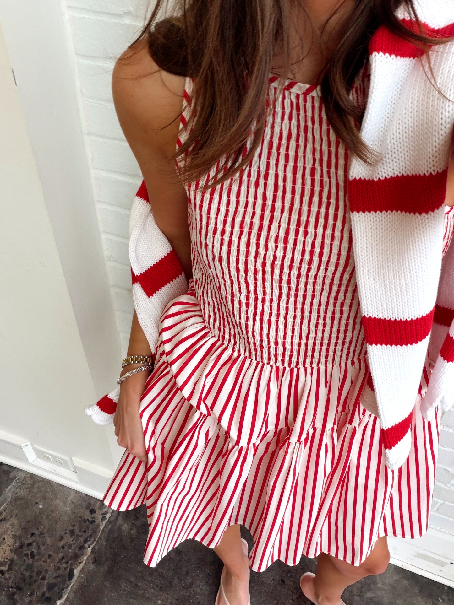 RED STRIPE SMOCKED FLARE DRESS