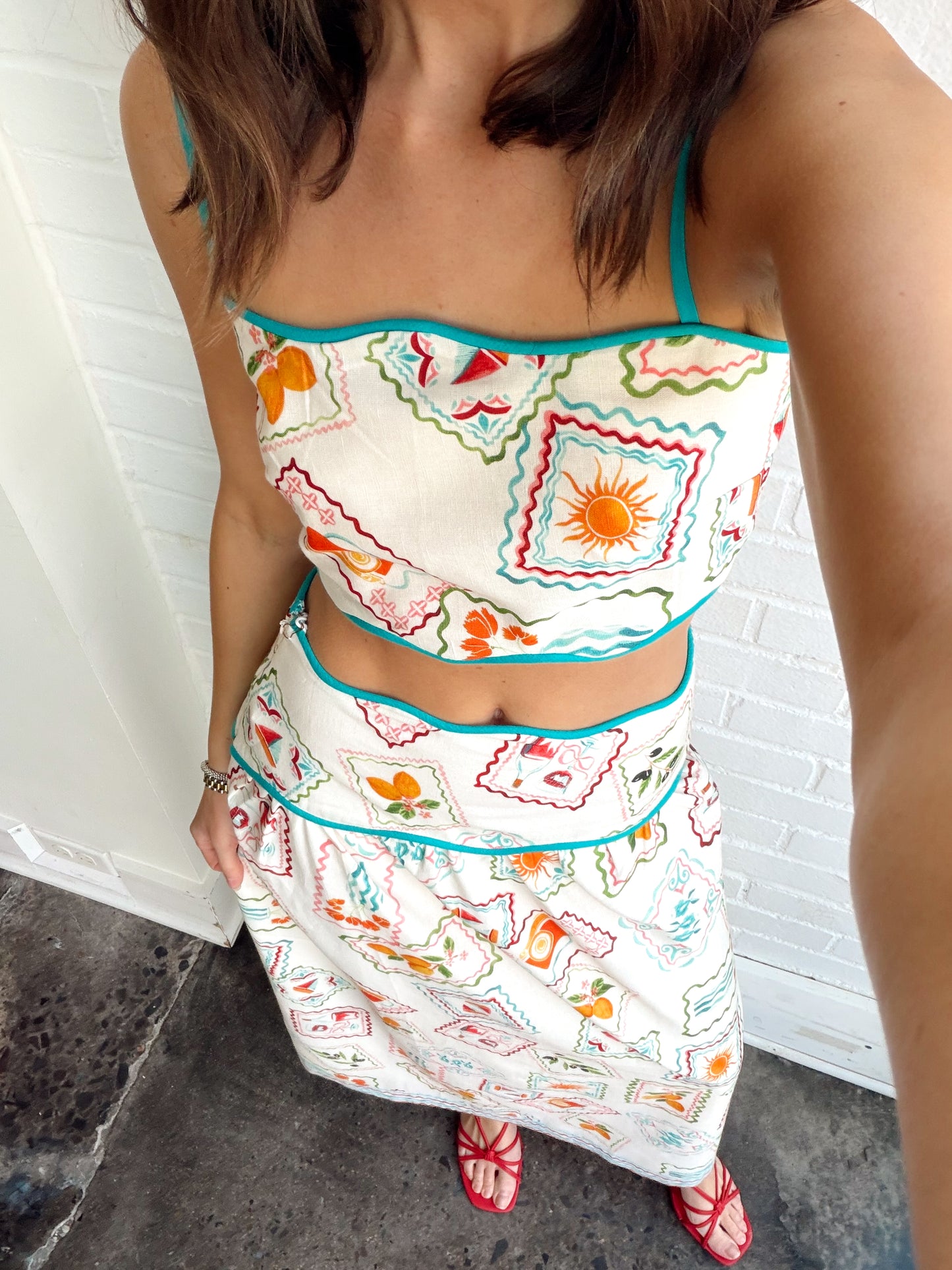 TASHI STAMP PRINT LINEN MIDI SKIRT SET