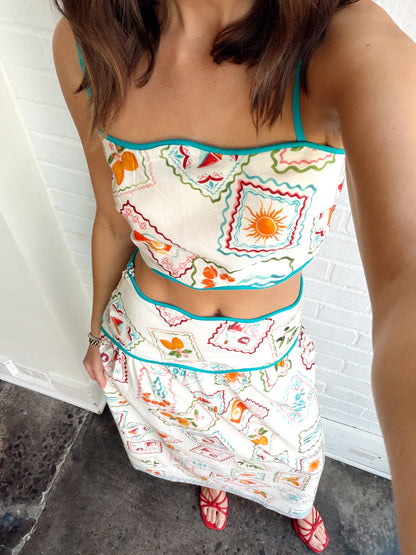 TASHI STAMP PRINT LINEN MIDI SKIRT SET